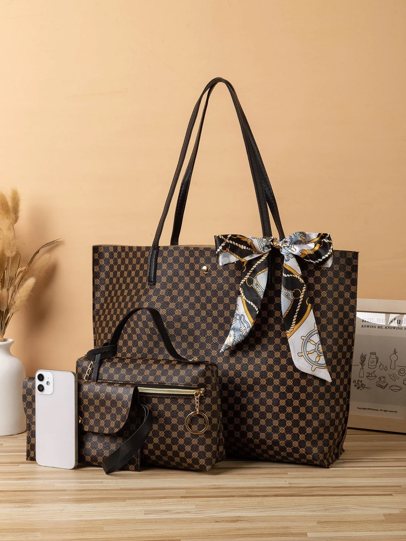 3pcs Twilly Scarf Decor Geometric Pattern Shoulder Tote Bag Set