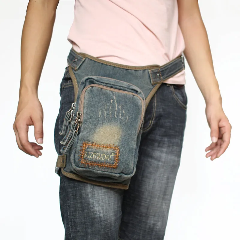 Blue Denim Thigh Bag Left Leg Pack Drop Leg Bag Denim Mens Waist Bags Drop Leg Pouch