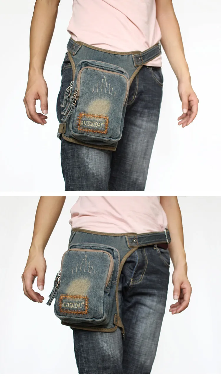 Blue Denim Thigh Bag Left Leg Pack Drop Leg Bag Denim Mens Waist Bags Drop Leg Pouch