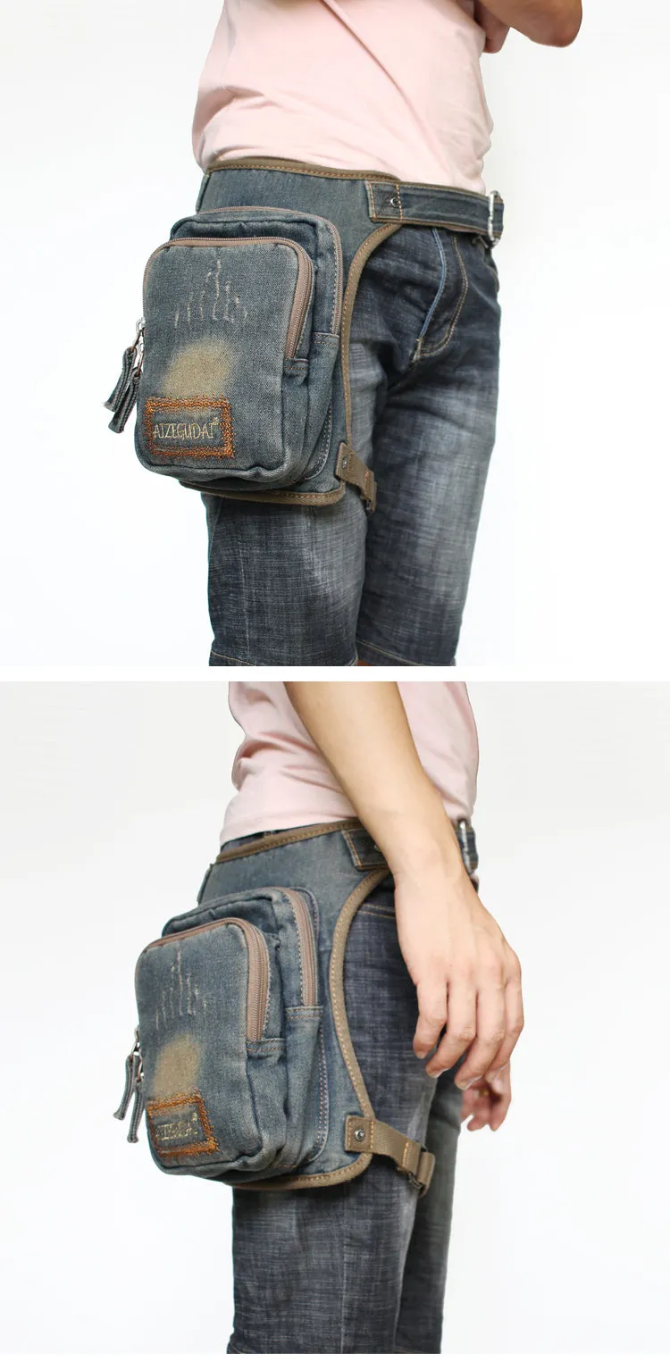 Blue Denim Thigh Bag Left Leg Pack Drop Leg Bag Denim Mens Waist Bags Drop Leg Pouch
