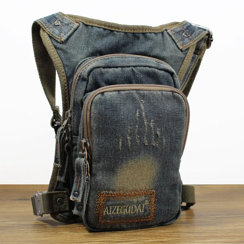 Blue Denim Thigh Bag Left Leg Pack Drop Leg Bag Denim Mens Waist Bags Drop Leg Pouch