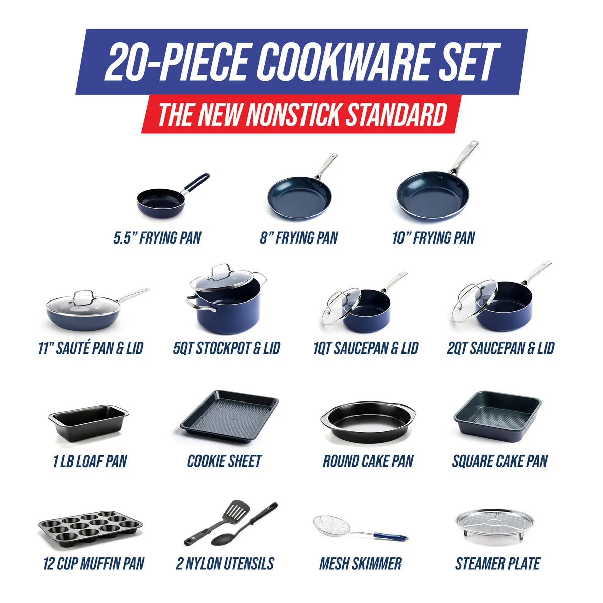 Blue Diamond Classic 20-Piece Cookware Set