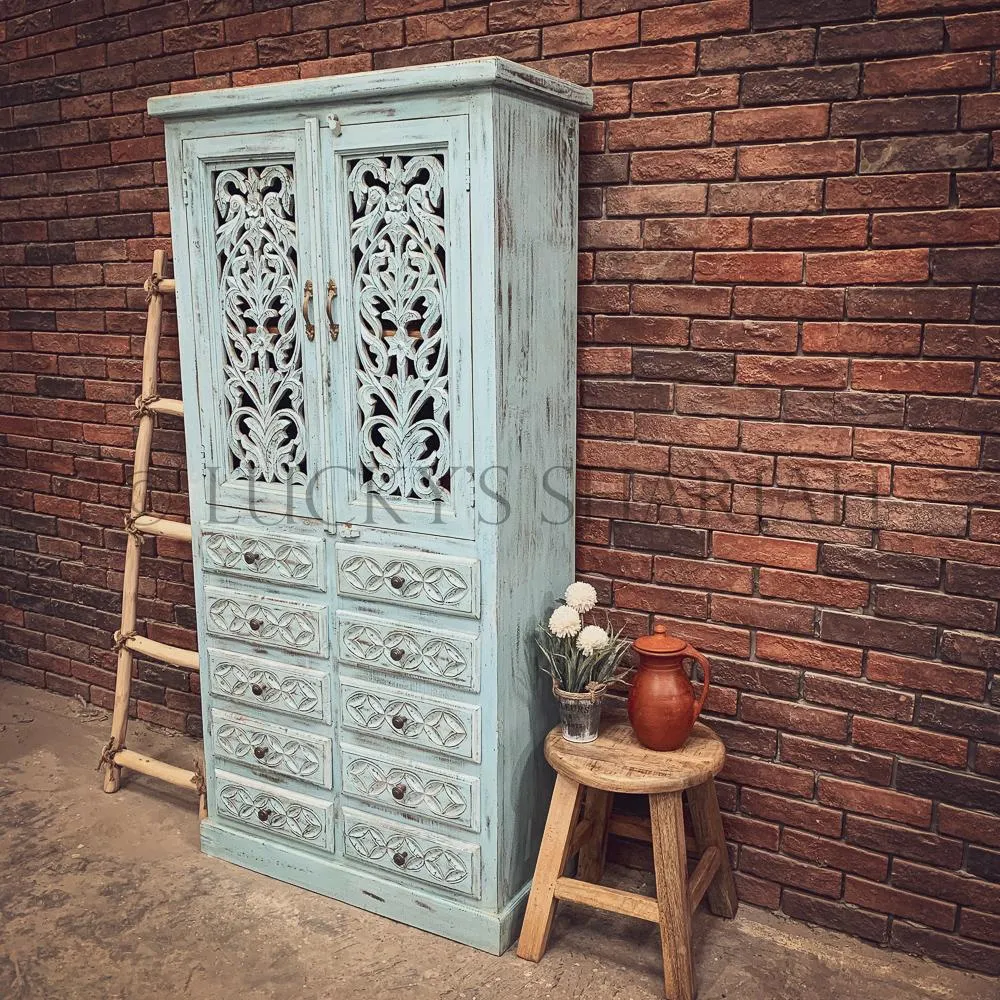 Carved sky blue cabinet with drawers