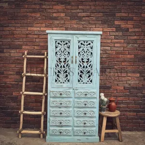 Carved sky blue cabinet with drawers