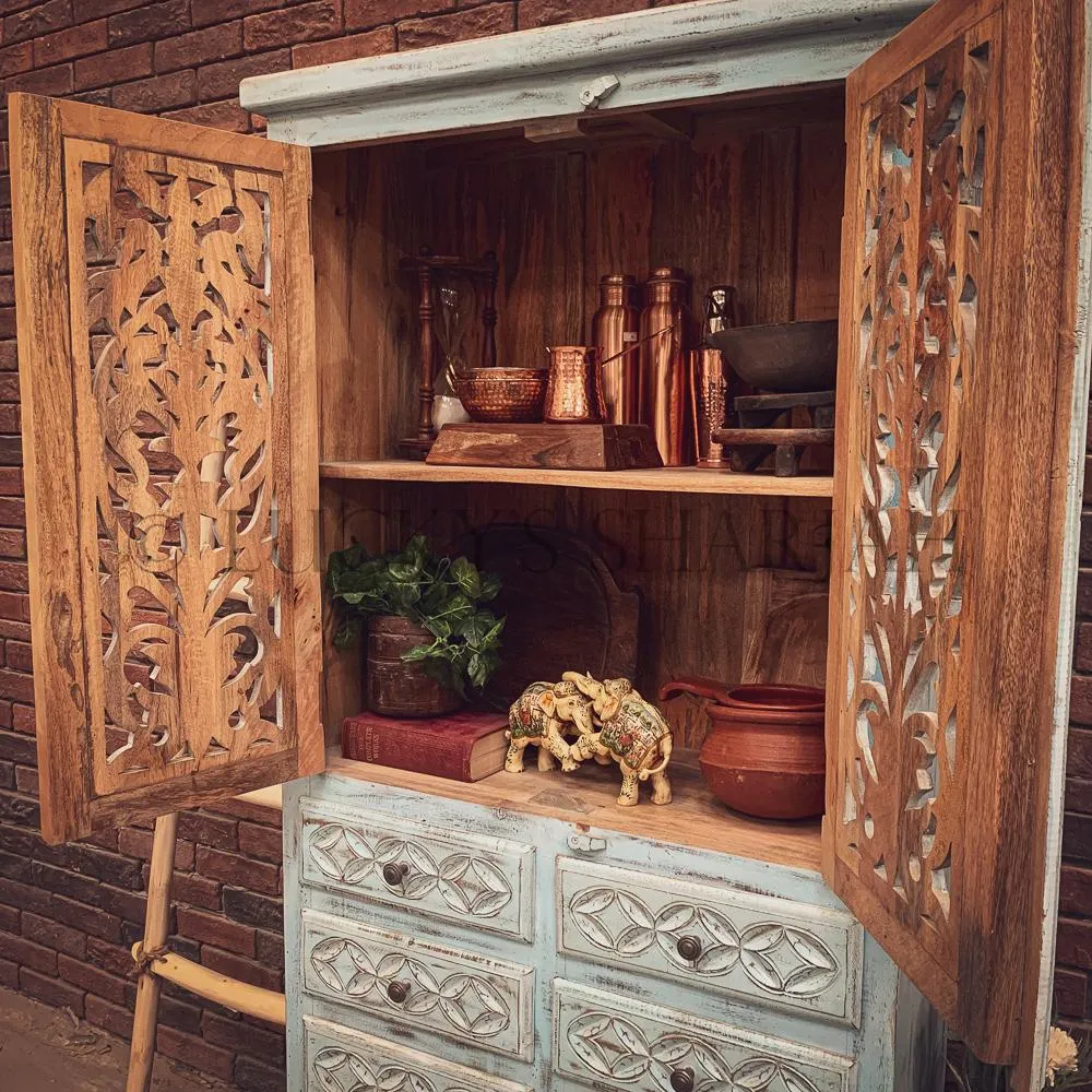 Carved sky blue cabinet with drawers