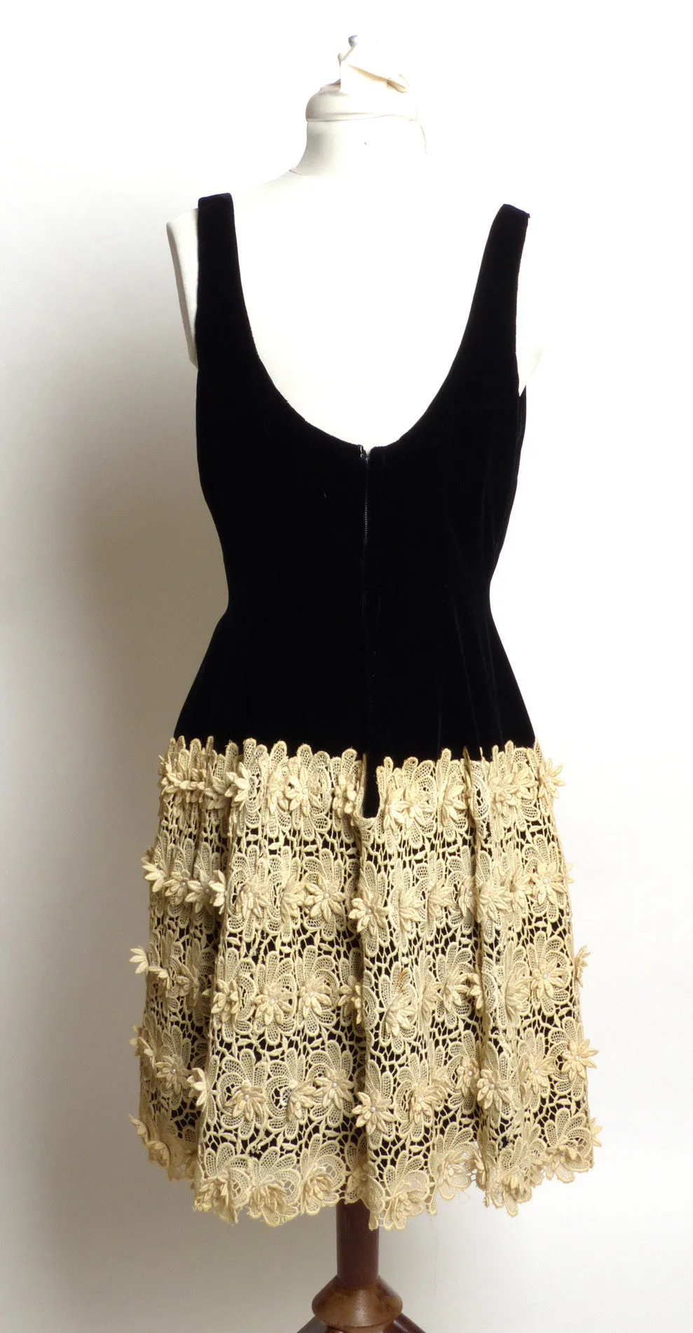 Circa 1950 Black Silk Velvet Dress with Crocheted Skirt