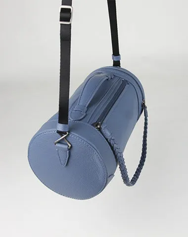 Cute Womens Light Blue Leather Bucket Shoulder Purse Barrel Crossbody Bag Purse for Ladies