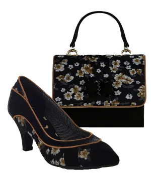 Daphne Black Floral Pointed Court Shoes & Matching Casablanca Bag by Ruby Shoo