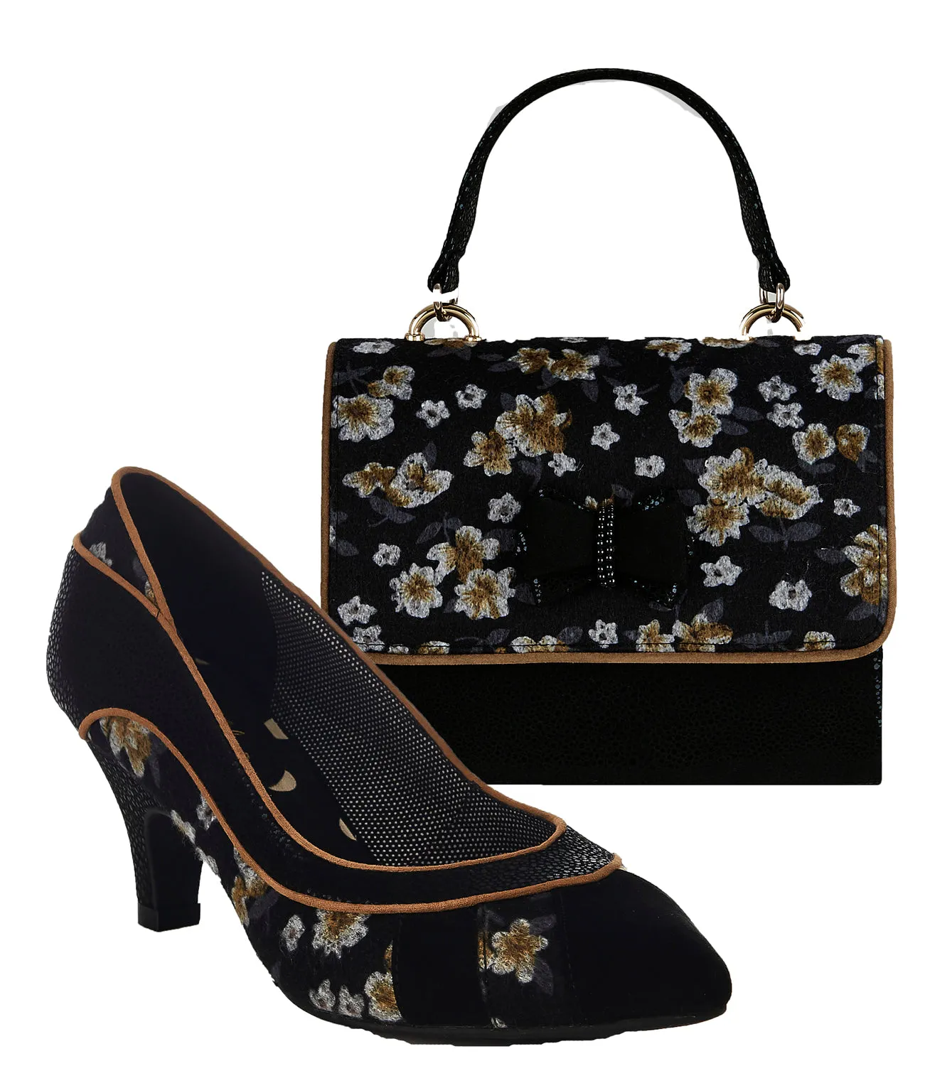 Daphne Black Floral Pointed Court Shoes & Matching Casablanca Bag by Ruby Shoo