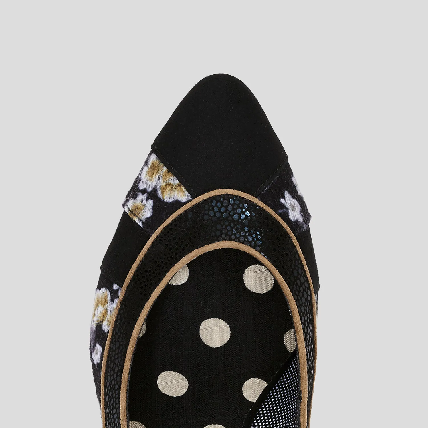 Daphne Black Floral Pointed Court Shoes & Matching Casablanca Bag by Ruby Shoo