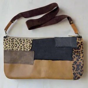 Denim Patchwork   Genuine Leather Handmade Clutch Bag
