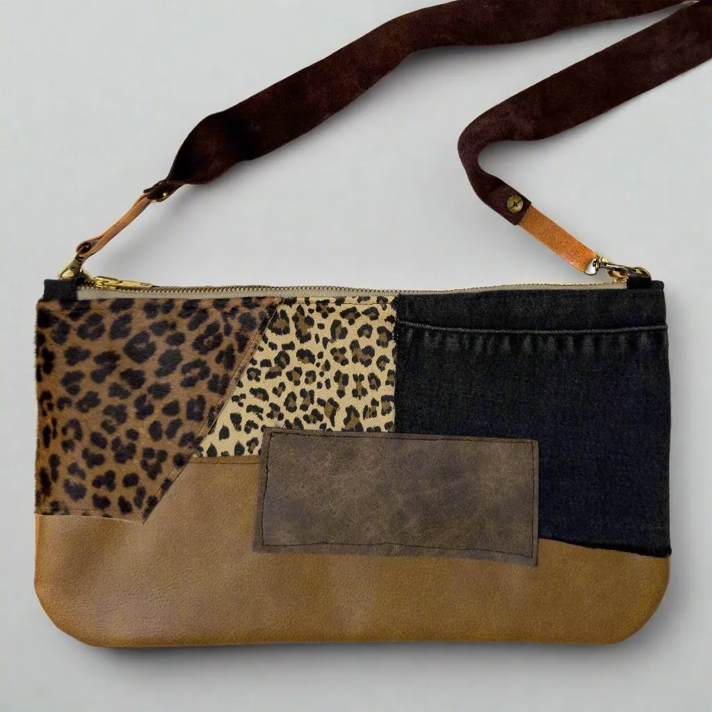 Denim Patchwork   Genuine Leather Handmade Clutch Bag