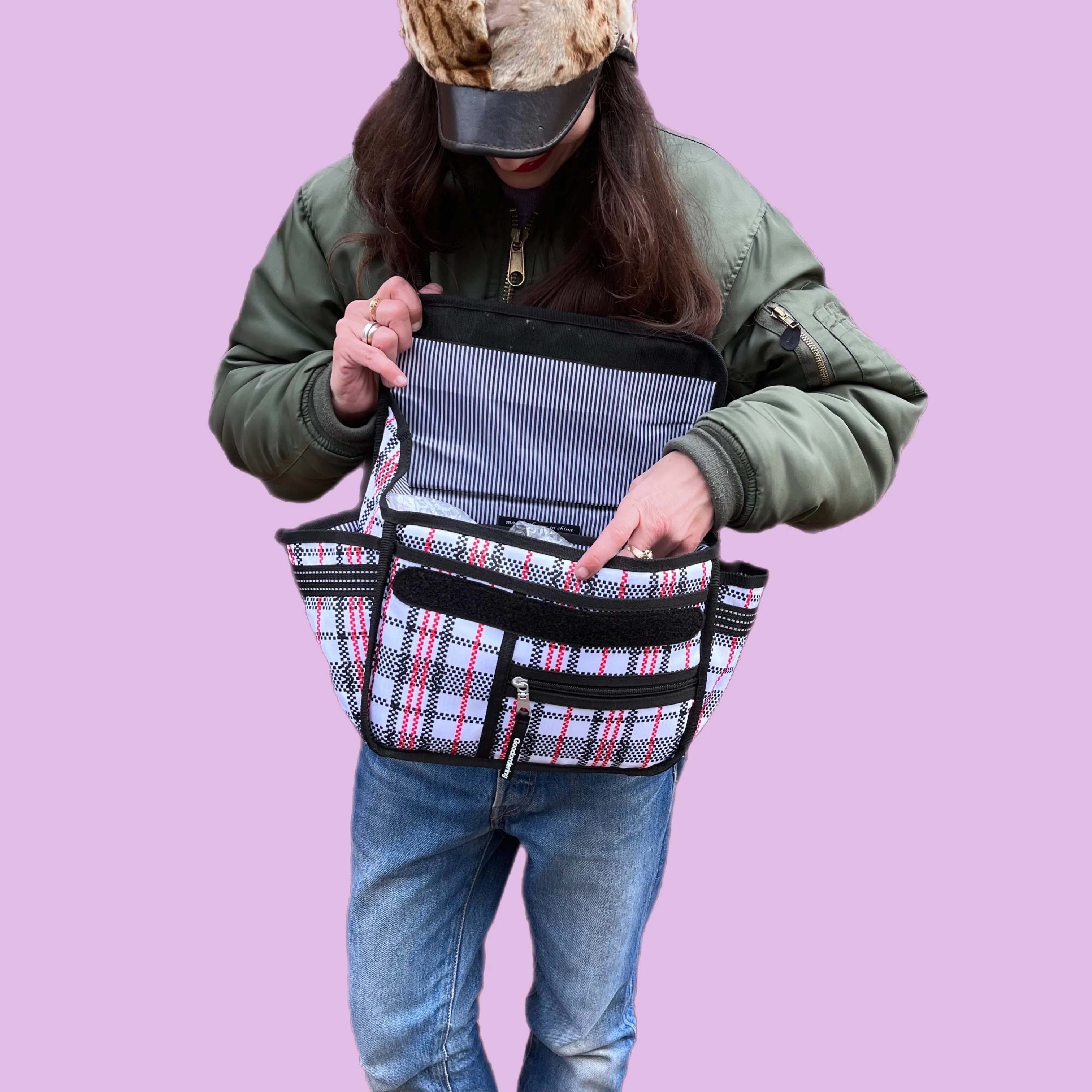 Eco Tartan handle bar bag cross body satchel checkered plaid laundry bag