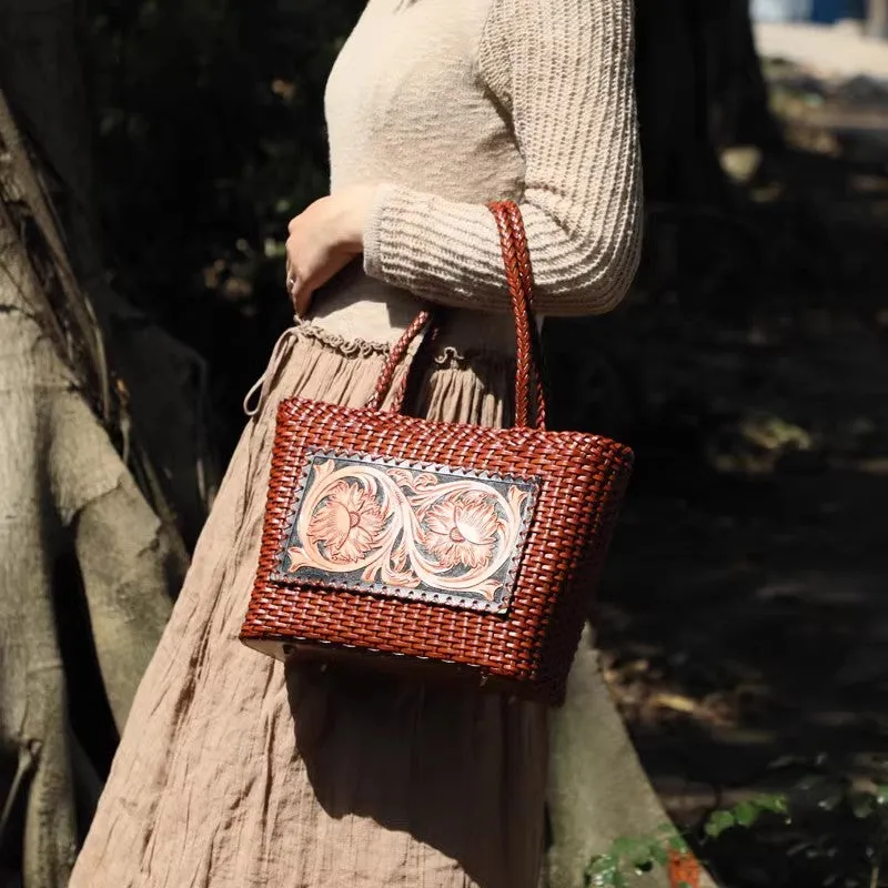 Ethnic Style Womens Woven Leather Tote Bag Brown Shoulder Bag