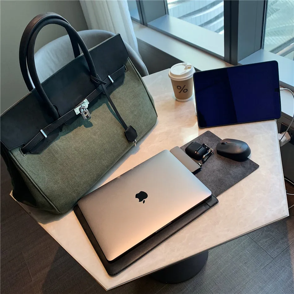 Exclusive army green canvas leather fashion men's women's weekender travel bag