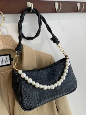 Faux Pearl Decor Croc Embossed Baguette Bag