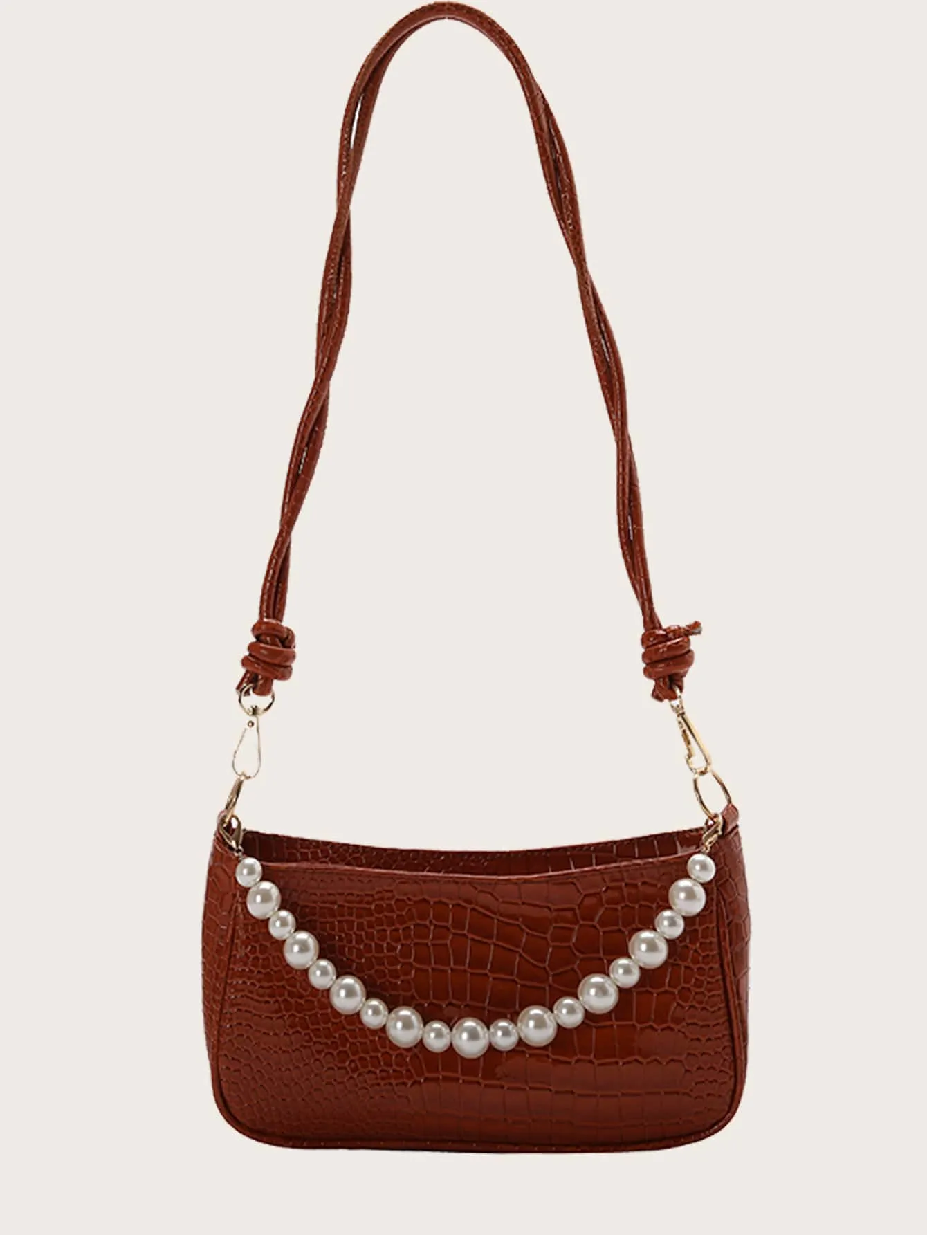Faux Pearl Decor Croc Embossed Baguette Bag