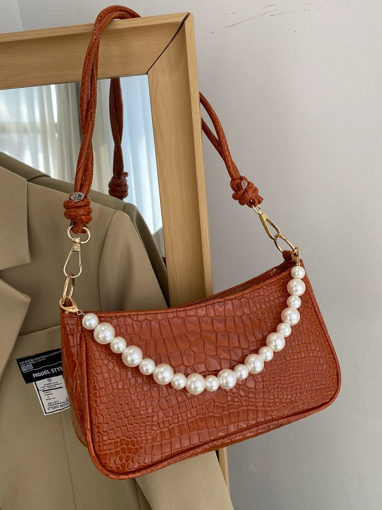 Faux Pearl Decor Croc Embossed Baguette Bag