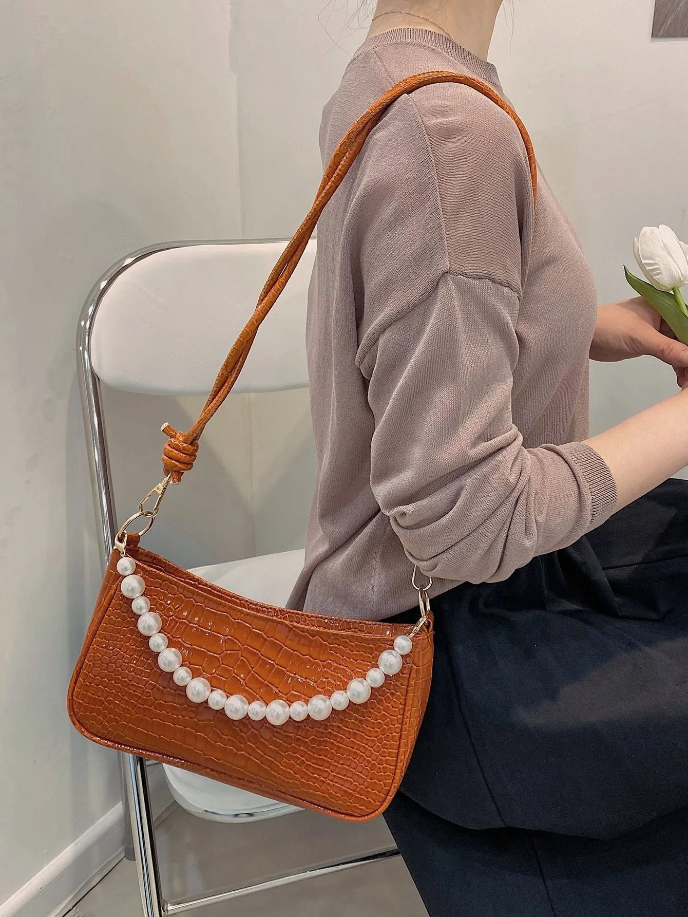 Faux Pearl Decor Croc Embossed Baguette Bag