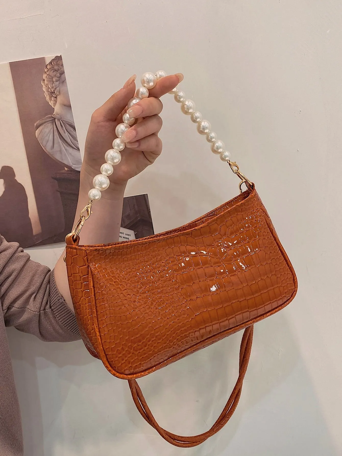Faux Pearl Decor Croc Embossed Baguette Bag