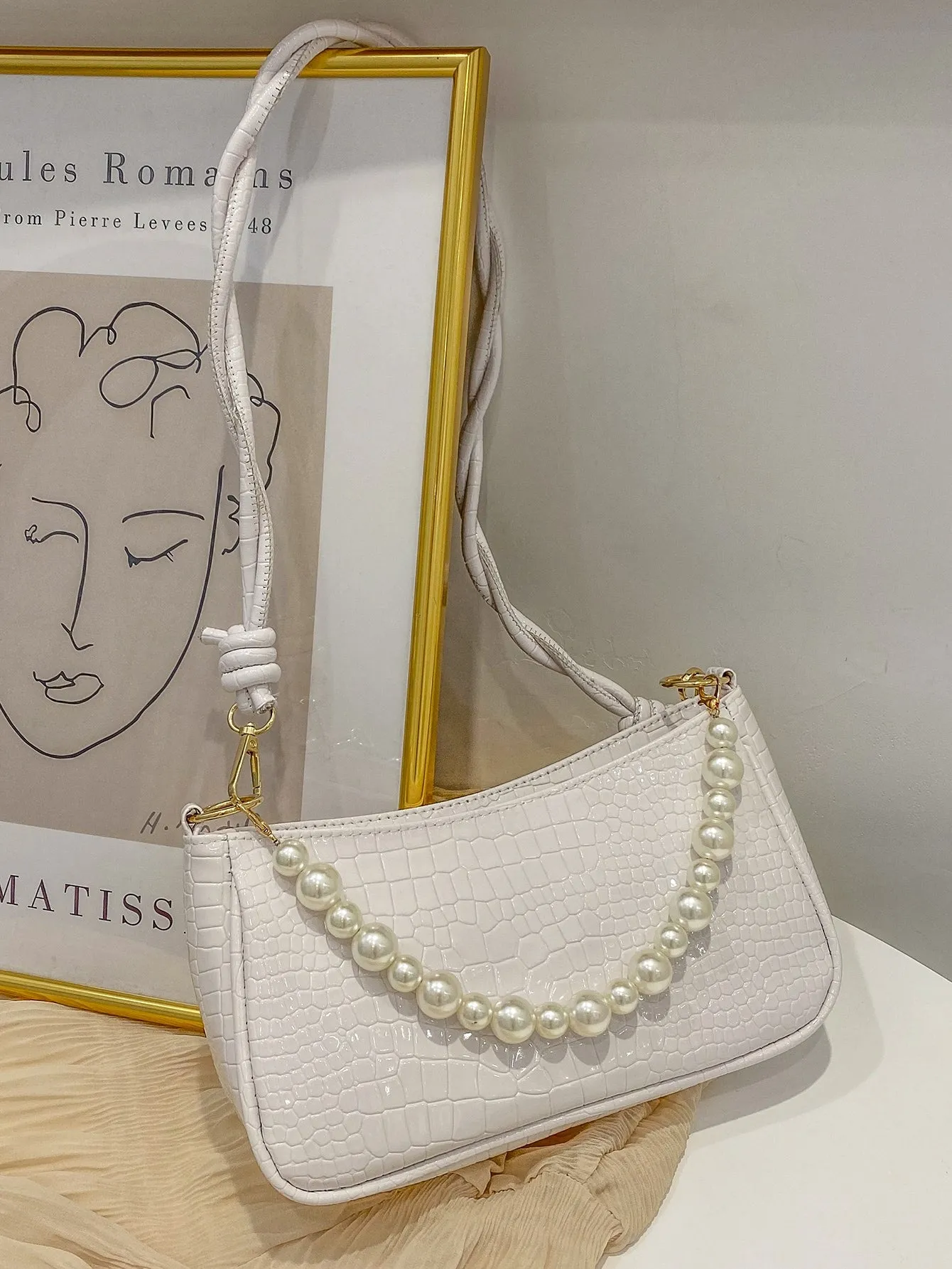 Faux Pearl Decor Croc Embossed Baguette Bag