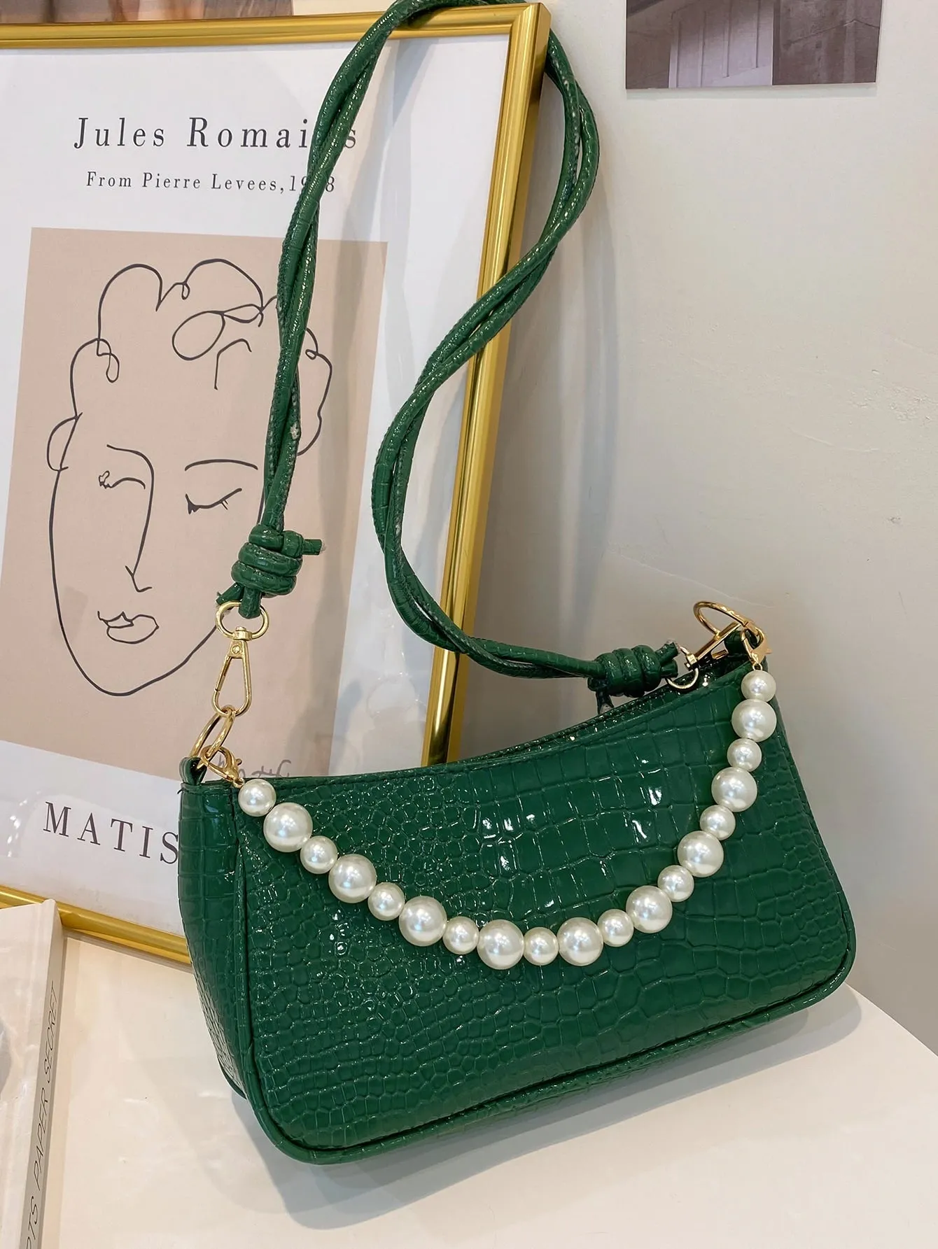 Faux Pearl Decor Croc Embossed Baguette Bag