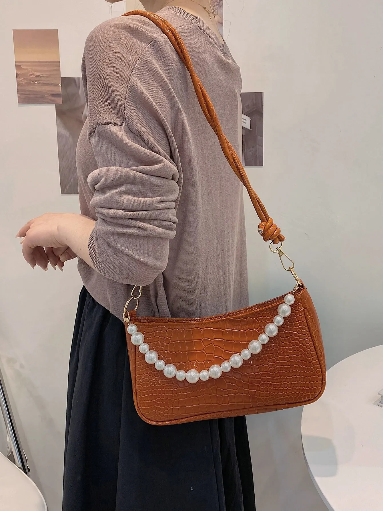 Faux Pearl Decor Croc Embossed Baguette Bag