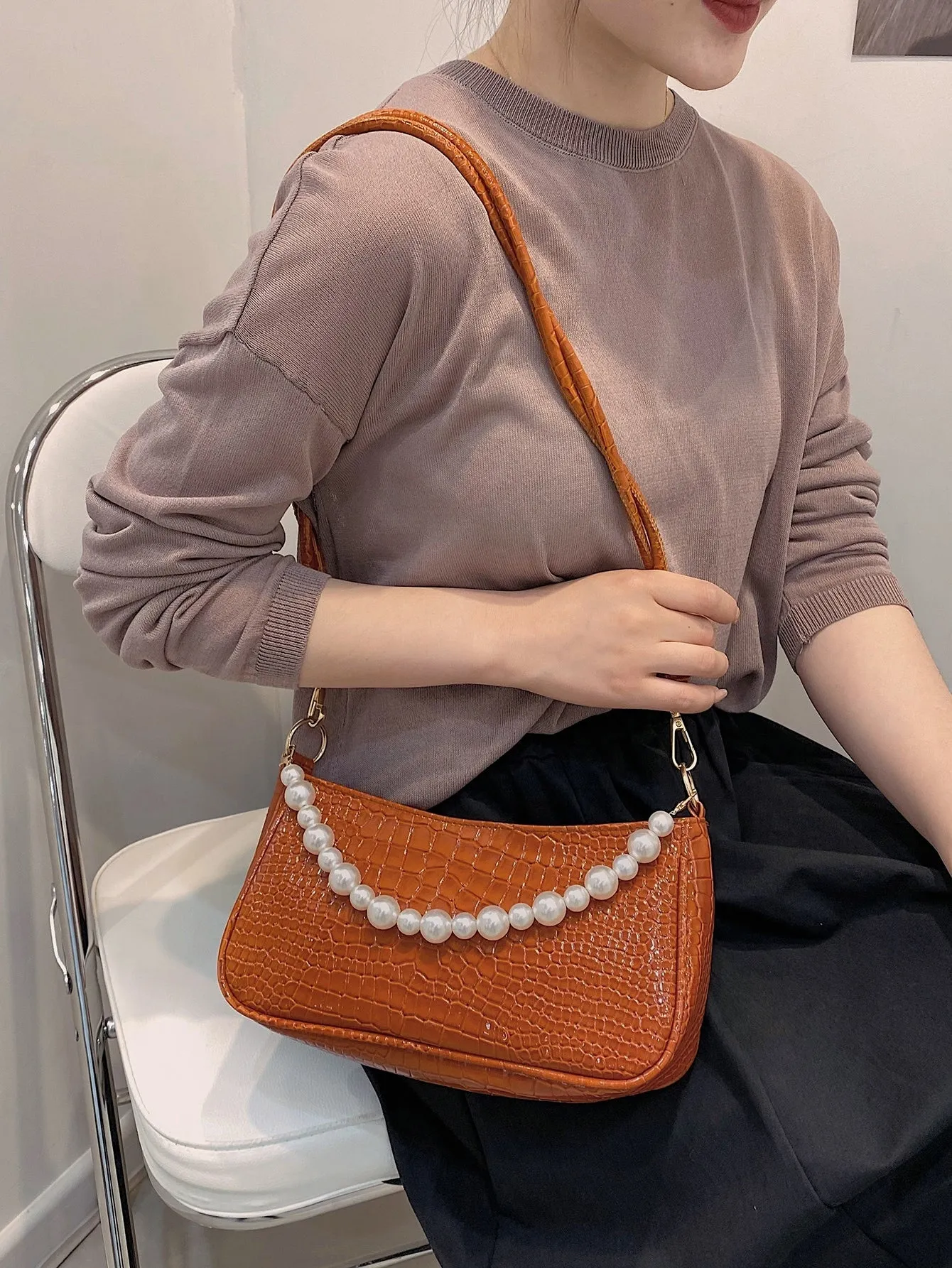 Faux Pearl Decor Croc Embossed Baguette Bag