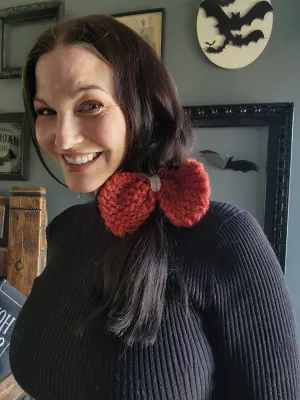 Handknit "Foxtail" Rust Color Hair Bow with Vintage Lace