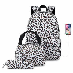 Leopard Backpack Travel Canvas Bookbag Set with USB Charging Port Lunch Box Set