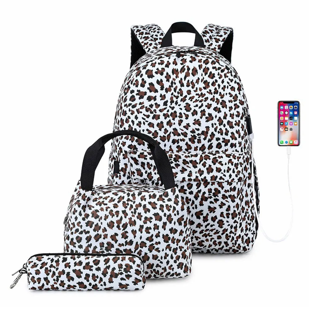 Leopard Backpack Travel Canvas Bookbag Set with USB Charging Port Lunch Box Set