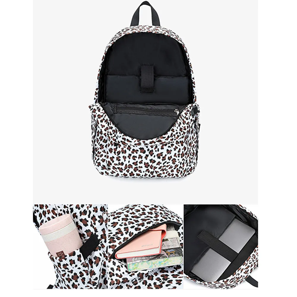Leopard Backpack Travel Canvas Bookbag Set with USB Charging Port Lunch Box Set