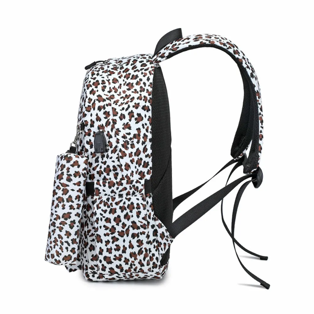 Leopard Backpack Travel Canvas Bookbag Set with USB Charging Port Lunch Box Set