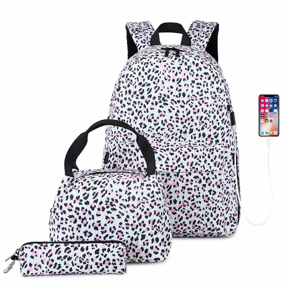 Leopard Backpack Travel Canvas Bookbag Set with USB Charging Port Lunch Box Set