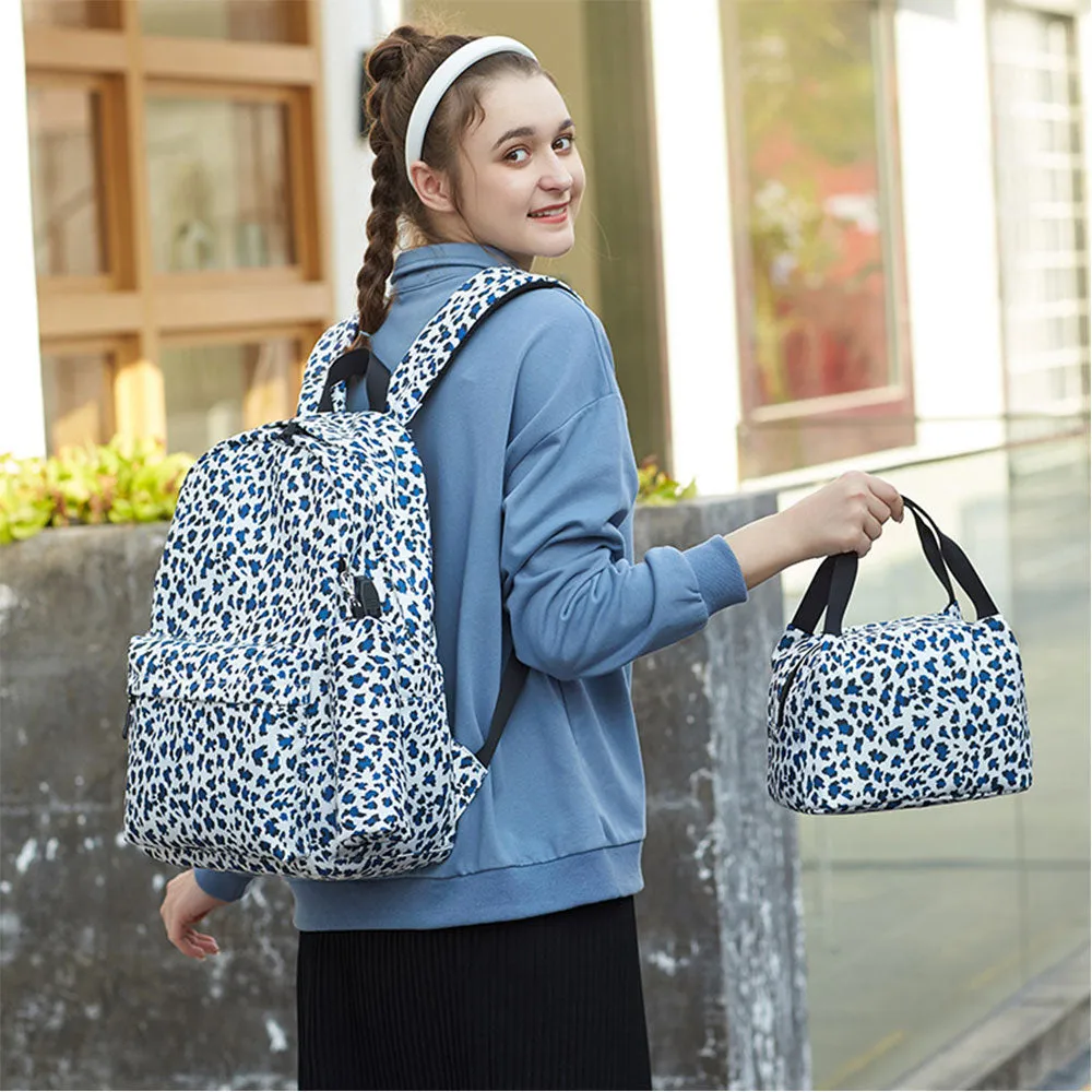 Leopard Backpack Travel Canvas Bookbag Set with USB Charging Port Lunch Box Set