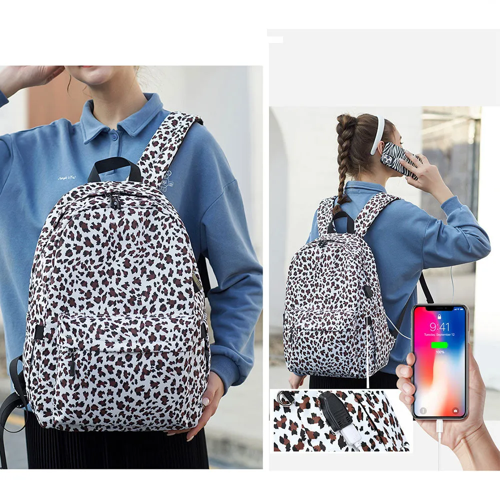 Leopard Backpack Travel Canvas Bookbag Set with USB Charging Port Lunch Box Set