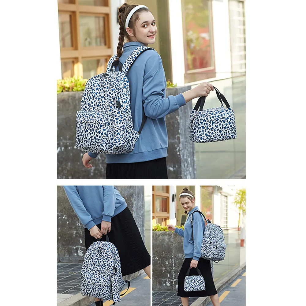 Leopard Backpack Travel Canvas Bookbag Set with USB Charging Port Lunch Box Set