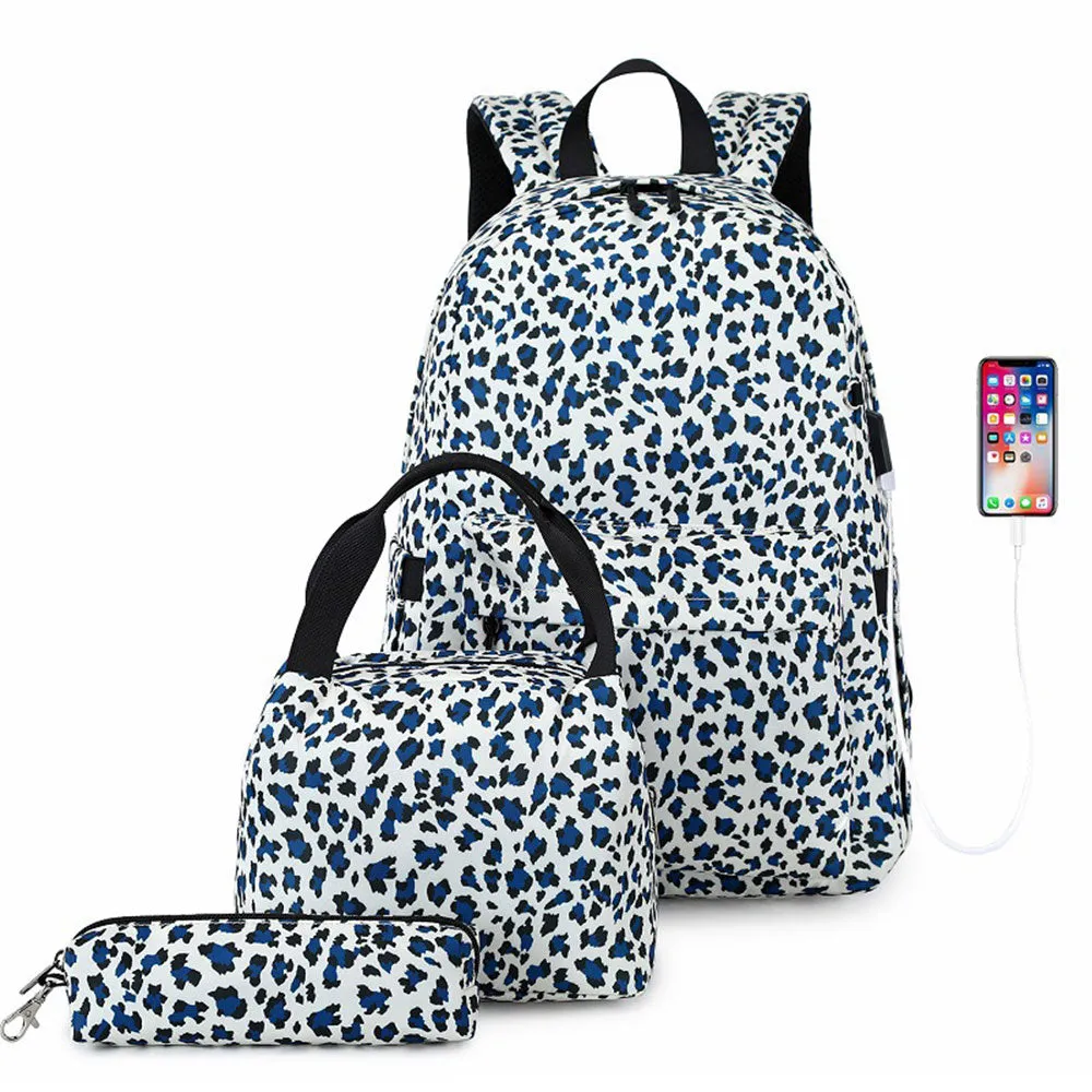 Leopard Backpack Travel Canvas Bookbag Set with USB Charging Port Lunch Box Set