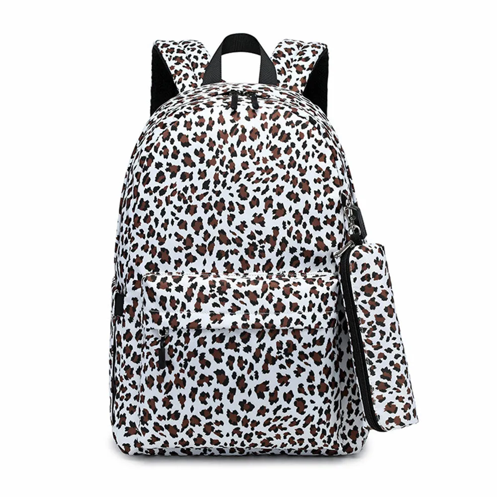 Leopard Backpack Travel Canvas Bookbag Set with USB Charging Port Lunch Box Set