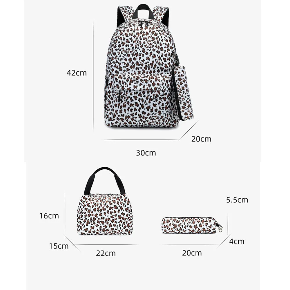 Leopard Backpack Travel Canvas Bookbag Set with USB Charging Port Lunch Box Set