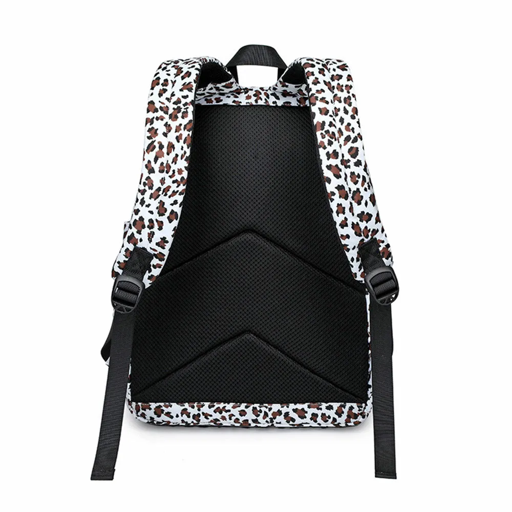 Leopard Backpack Travel Canvas Bookbag Set with USB Charging Port Lunch Box Set