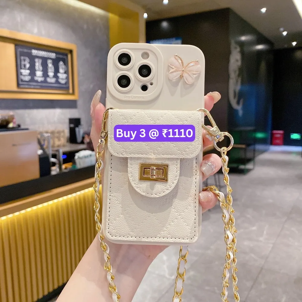 Luxury PU Leather Wallet Silicone Phone Case with Crossbody Chain Card Slot Bag - iPhone 16 Pro Max