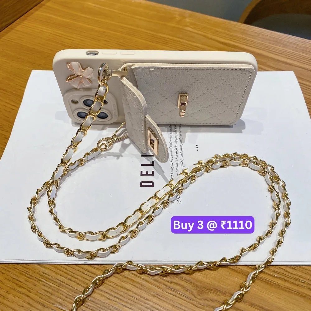 Luxury PU Leather Wallet Silicone Phone Case with Crossbody Chain Card Slot Bag - iPhone 16 Pro Max