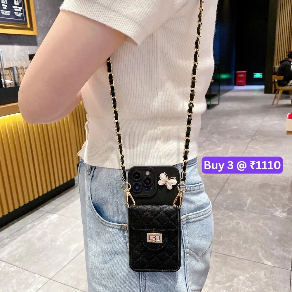 Luxury PU Leather Wallet Silicone Phone Case with Crossbody Chain Card Slot Bag - iPhone 16 Pro Max