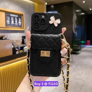 Luxury PU Leather Wallet Silicone Phone Case with Crossbody Chain Card Slot Bag - iPhone 16 Pro Max