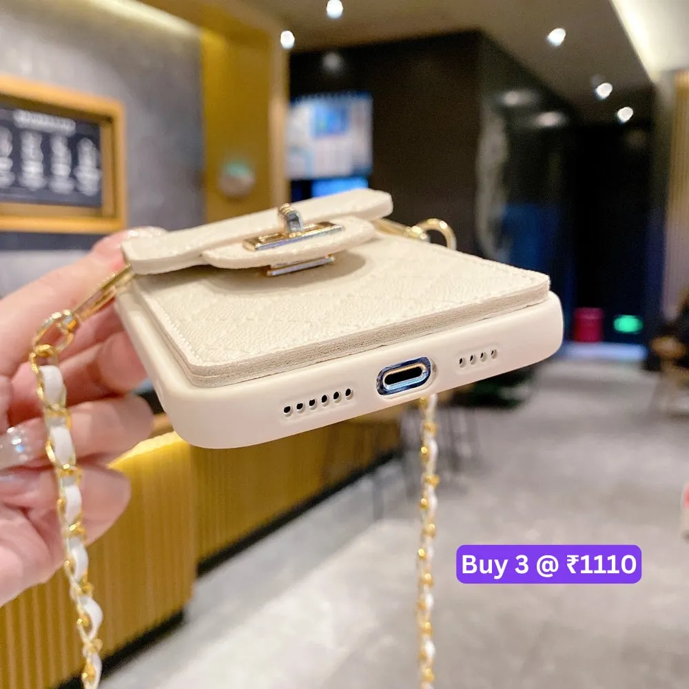 Luxury PU Leather Wallet Silicone Phone Case with Crossbody Chain Card Slot Bag - iPhone 16 Pro Max