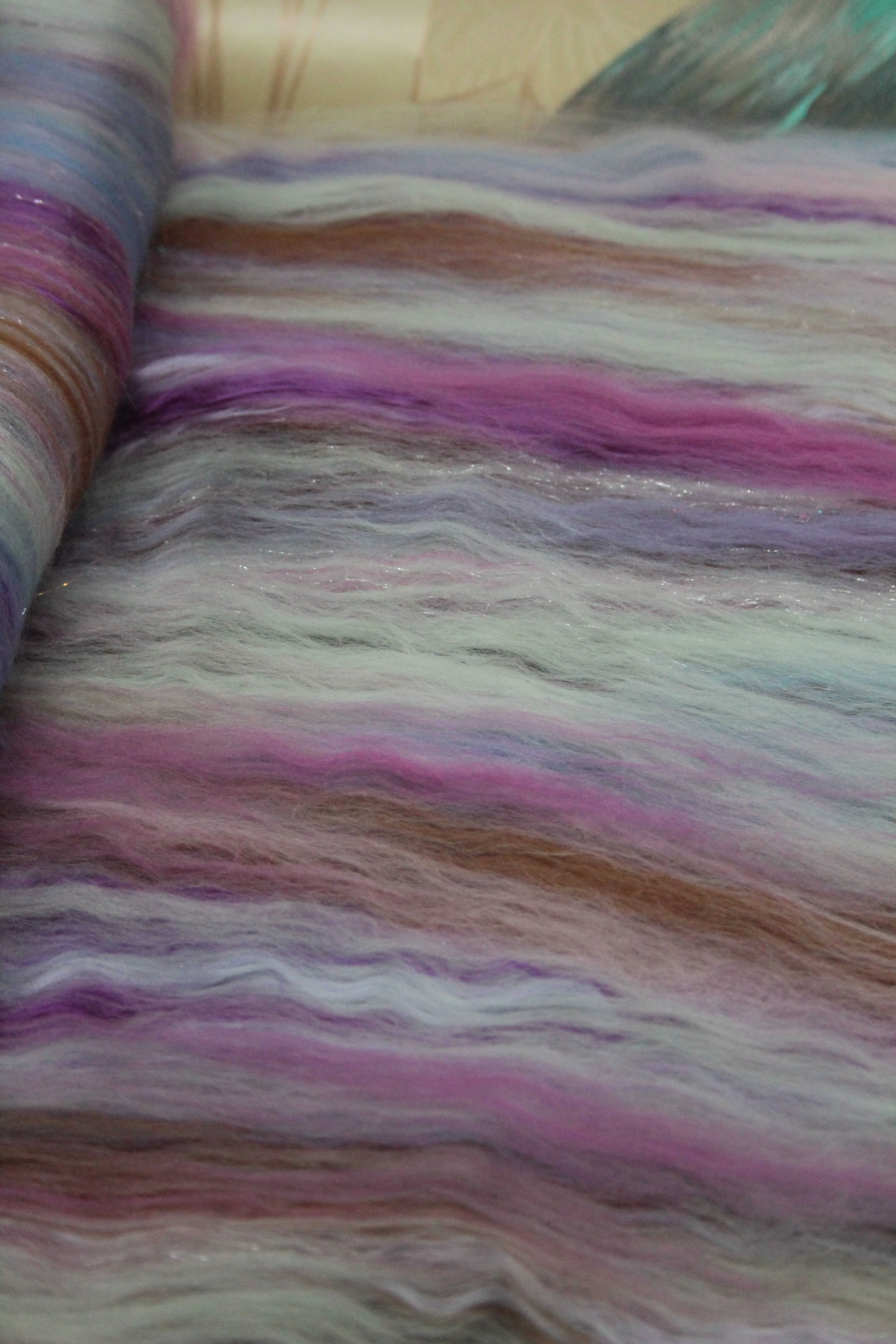 Merino Art Batt  - Pink Purple Brown  - 107 grams 3.7 oz - Wool for felting, spinning and weaving