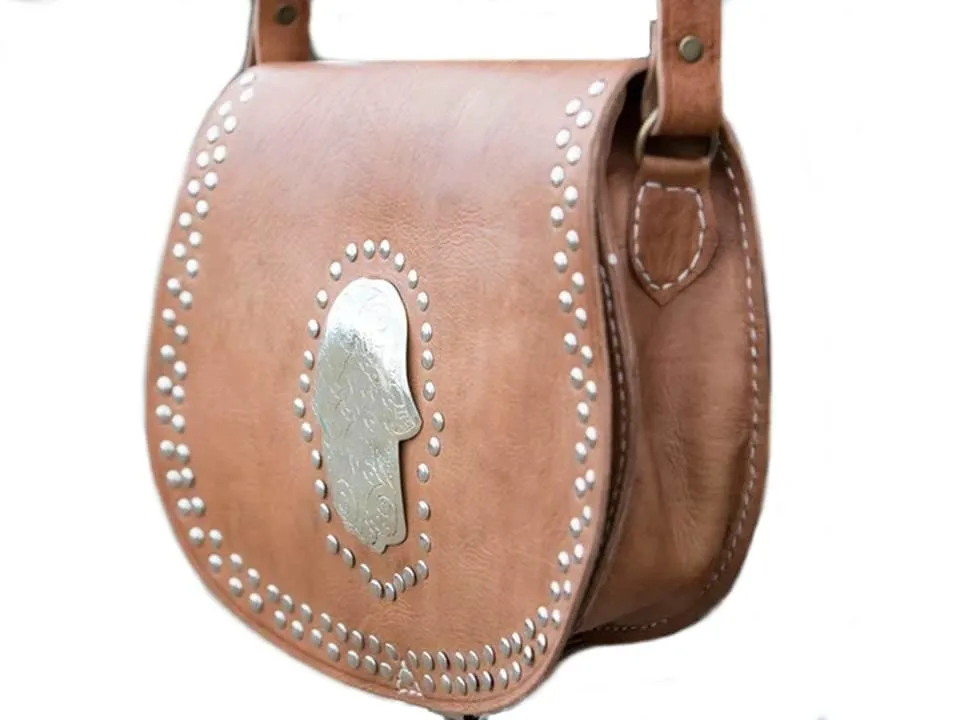 Morocco Gypsy Leather Bag - Hamsa Médaillon - Natural