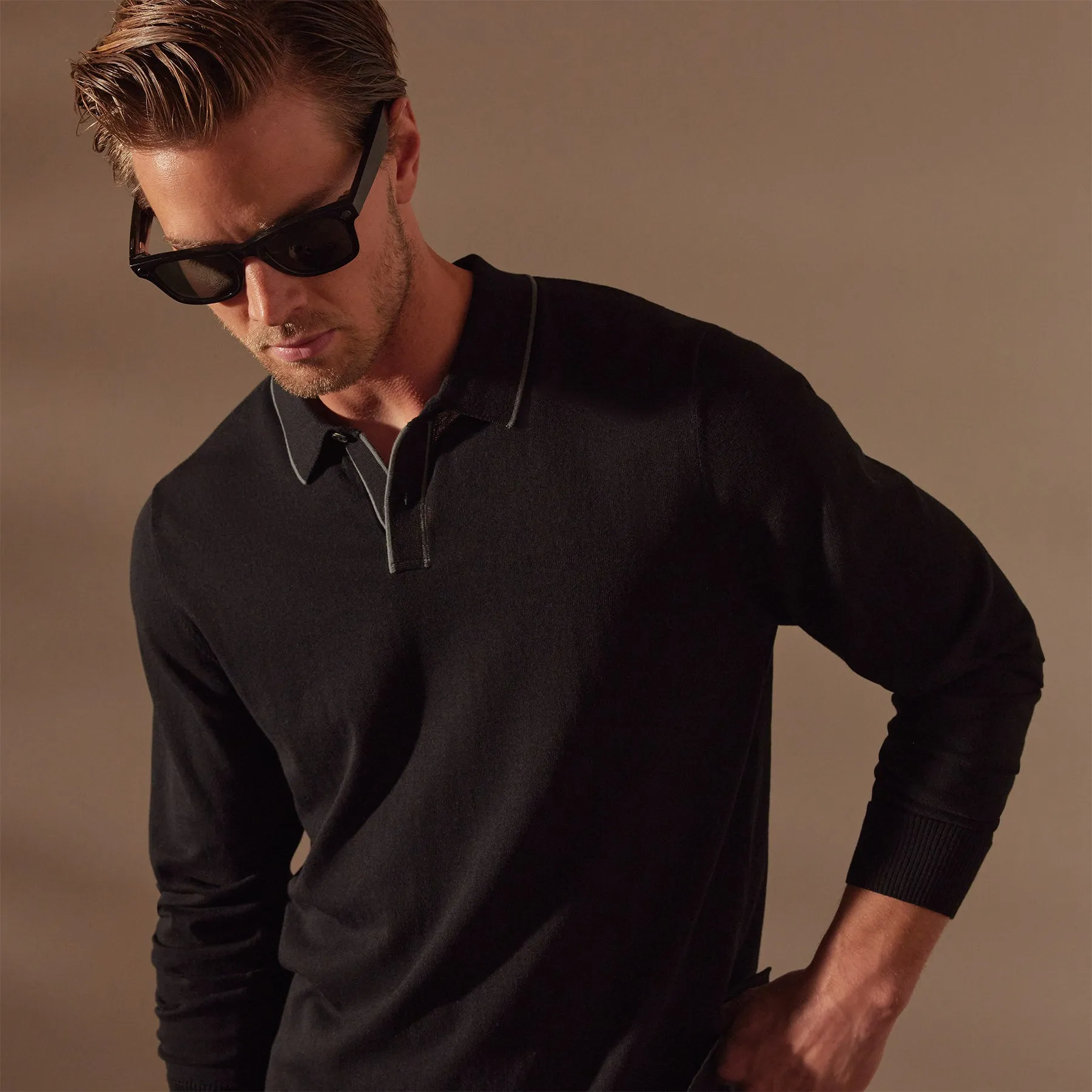Retro Tipped Long Sleeve Polo - Black/Flint