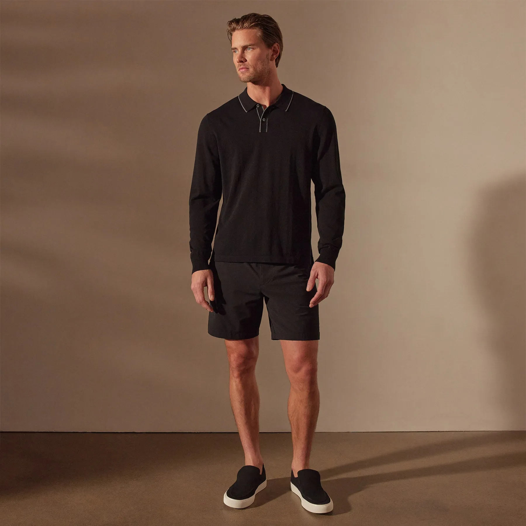 Retro Tipped Long Sleeve Polo - Black/Flint